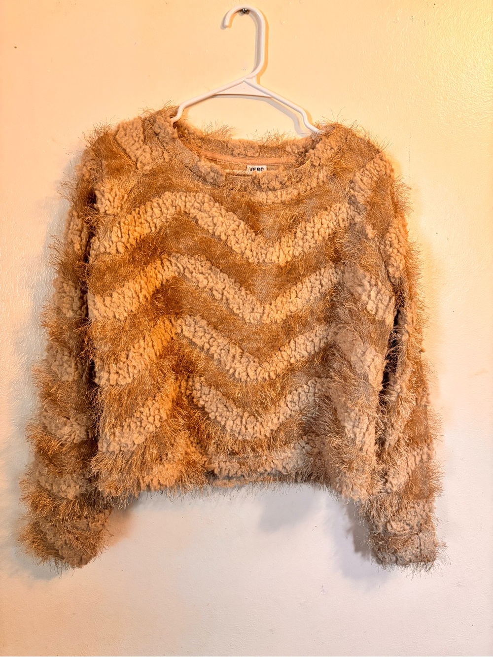 Vero Moda Fuzzy Chevron Crew Neck Sweater - Beige & Tan